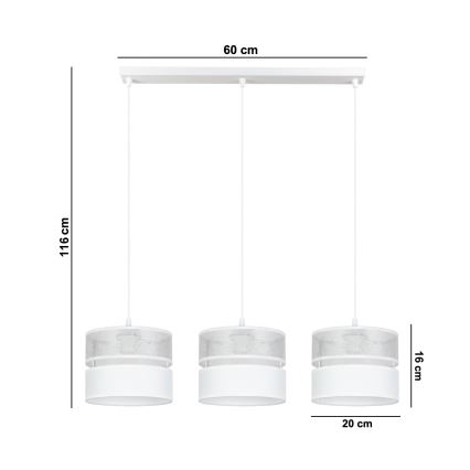 Ljuskrona med textilsladd LIMA 3xE27/60W/230V silver/vit