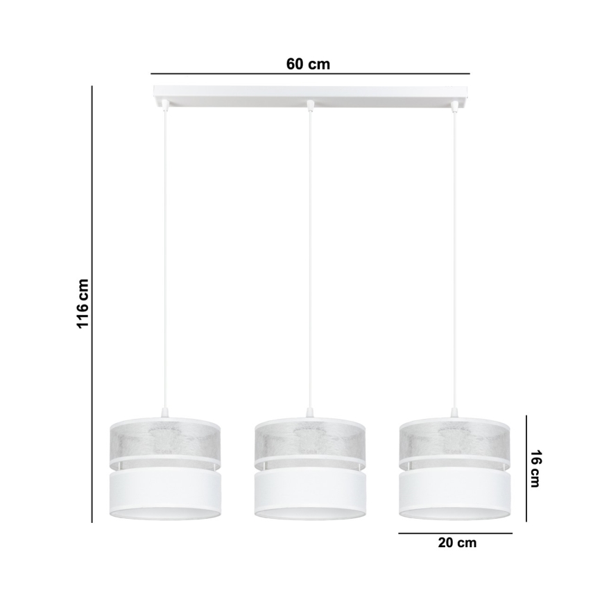 Ljuskrona med textilsladd LIMA 3xE27/60W/230V silver/vit