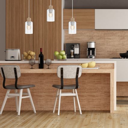 Ljuskrona med textilsladd MADERA 1xE27/60W/230V vit/trä