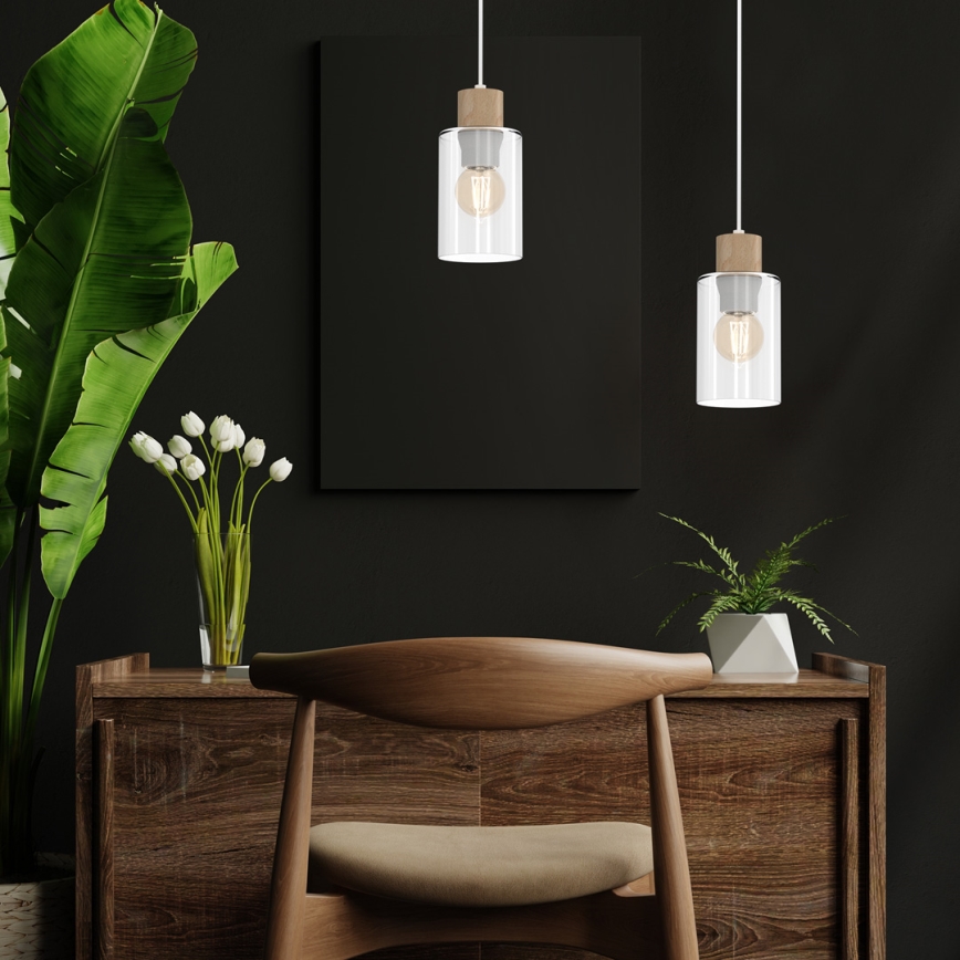 Ljuskrona med textilsladd MADERA 1xE27/60W/230V vit/trä