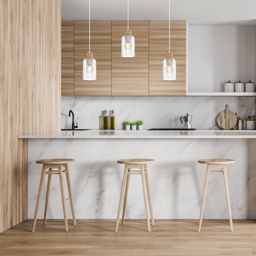 Ljuskrona med textilsladd MADERA 3xE27/60W/230V vit/trä