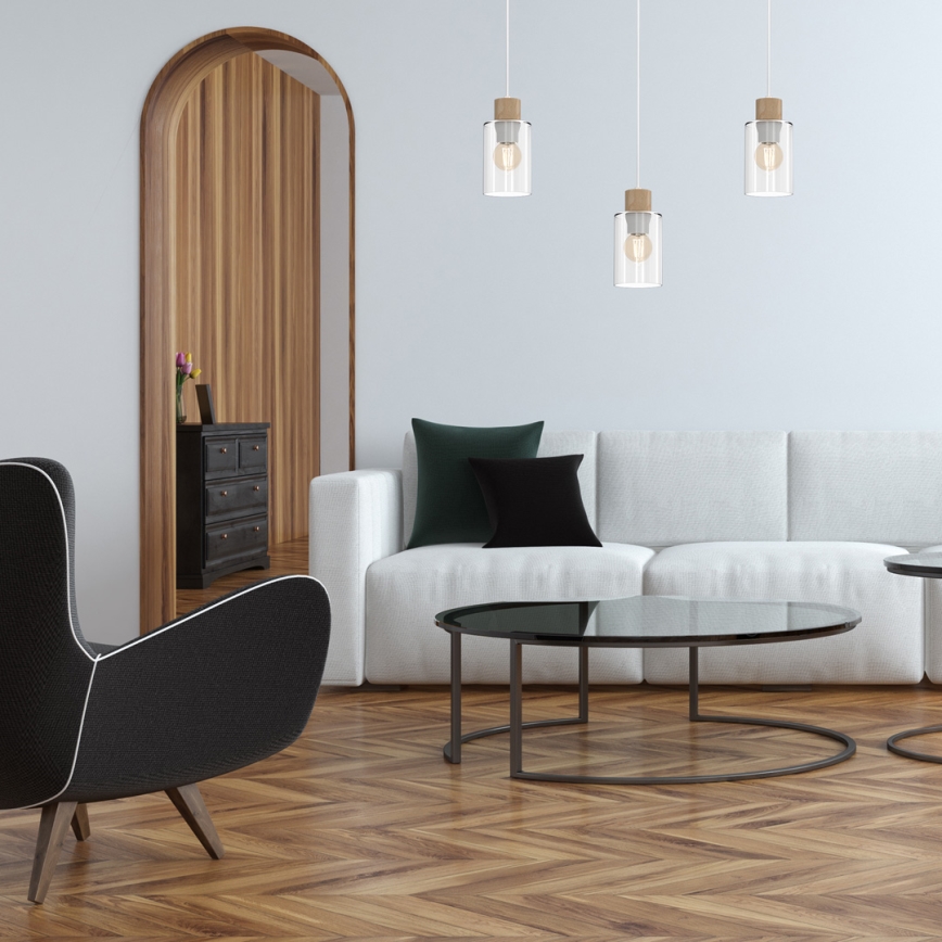 Ljuskrona med textilsladd MADERA 3xE27/60W/230V vit/trä