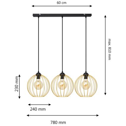 Ljuskrona med textilsladd MERCURE 3xE27/15W/230V guld/svart