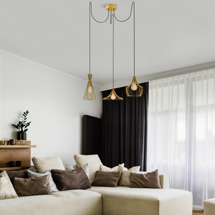 Ljuskrona med textilsladd MEZOPOTAMYA 3xE27/40W/230V spindel guld