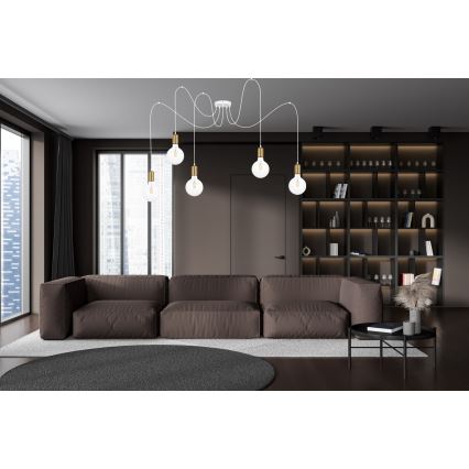 Ljuskrona med textilsladd MIROS 5xE27/60W/230V spindel vit/guld