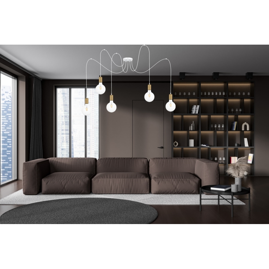 Ljuskrona med textilsladd MIROS 5xE27/60W/230V spindel vit/guld