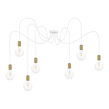 Ljuskrona med textilsladd MIROS 7xE27/60W/230V spindel vit/guld