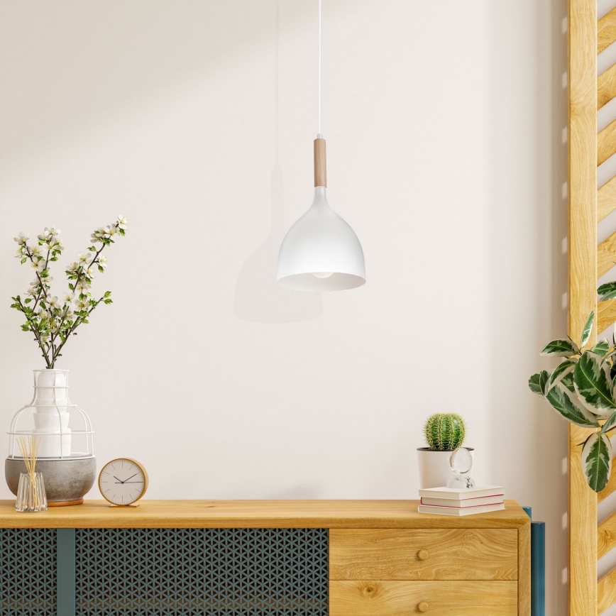 Ljuskrona med textilsladd NOAK WOOD 1xE27/15W/230V vit/bok