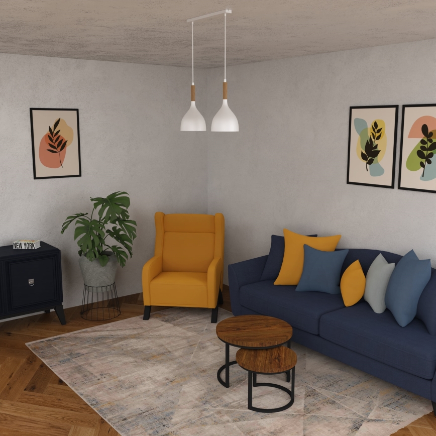 Ljuskrona med textilsladd NOAK WOOD 2xE27/15W/230V vit/bok