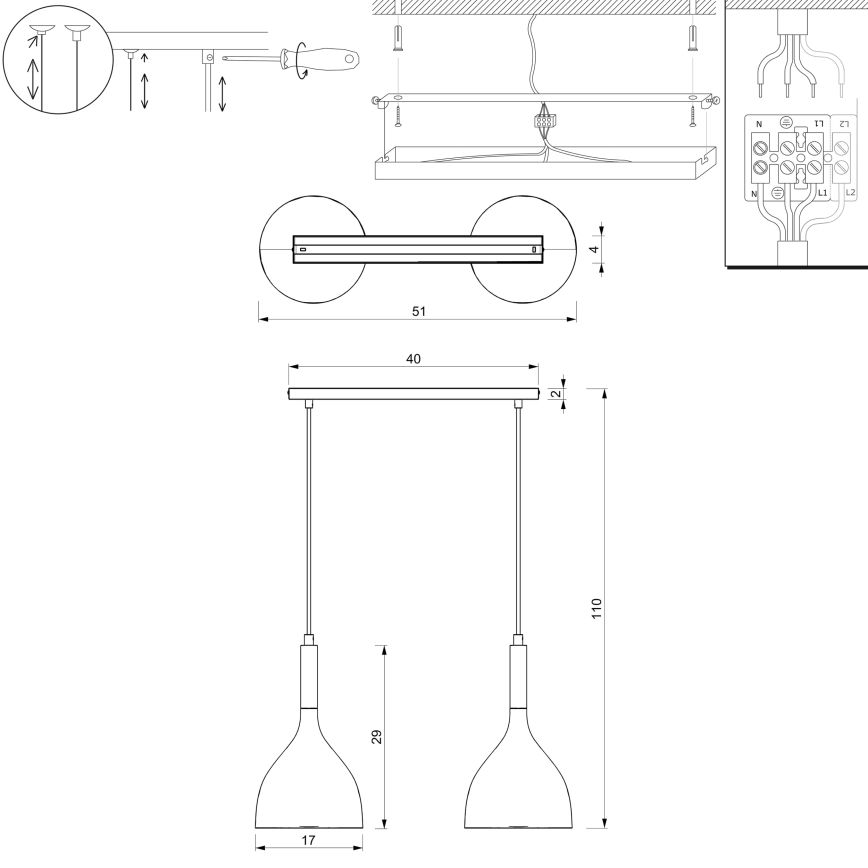 Ljuskrona med textilsladd NOAK WOOD 2xE27/15W/230V vit/bok