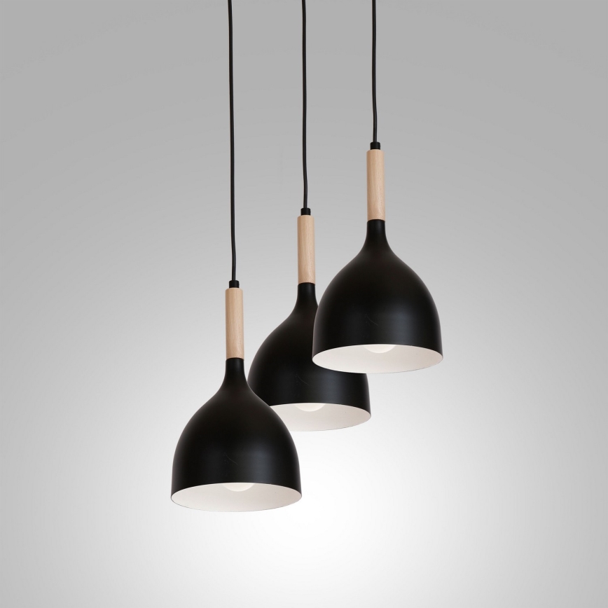 Ljuskrona med textilsladd NOAK WOOD 3xE27/15W/230V svart/bok