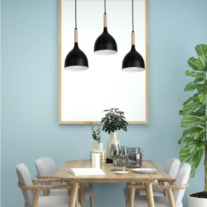 Ljuskrona med textilsladd NOAK WOOD 3xE27/15W/230V svart/bok