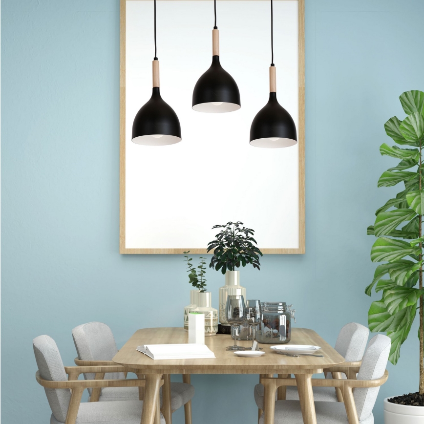 Ljuskrona med textilsladd NOAK WOOD 3xE27/15W/230V svart/bok