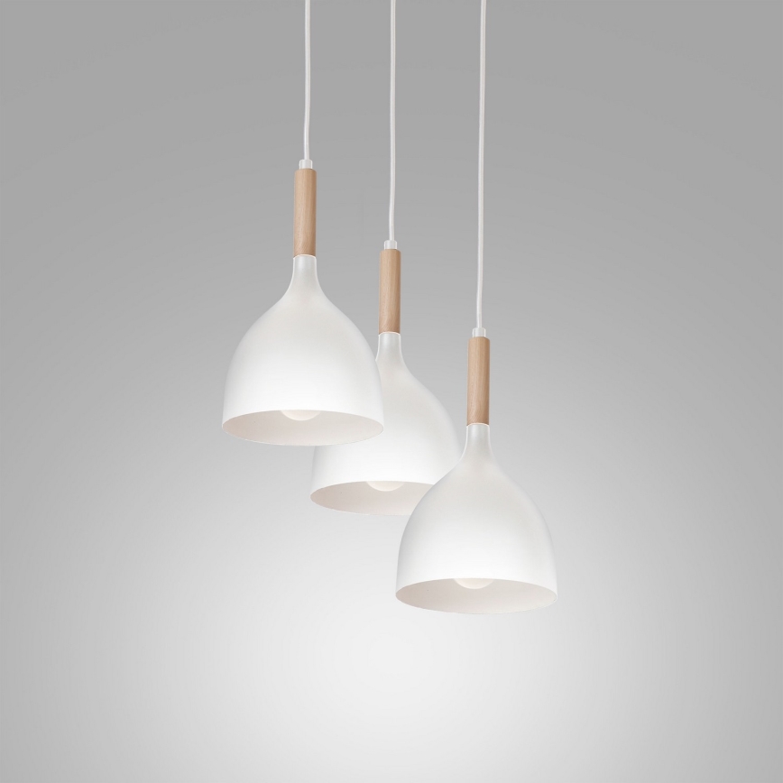 Ljuskrona med textilsladd NOAK WOOD 3xE27/15W/230V vit/bok