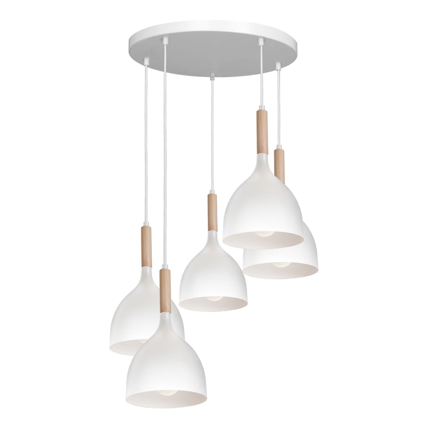 Ljuskrona med textilsladd NOAK WOOD 5xE27/15W/230V vit/bok