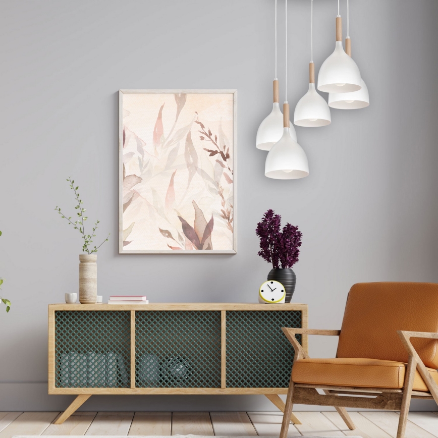 Ljuskrona med textilsladd NOAK WOOD 5xE27/15W/230V vit/bok