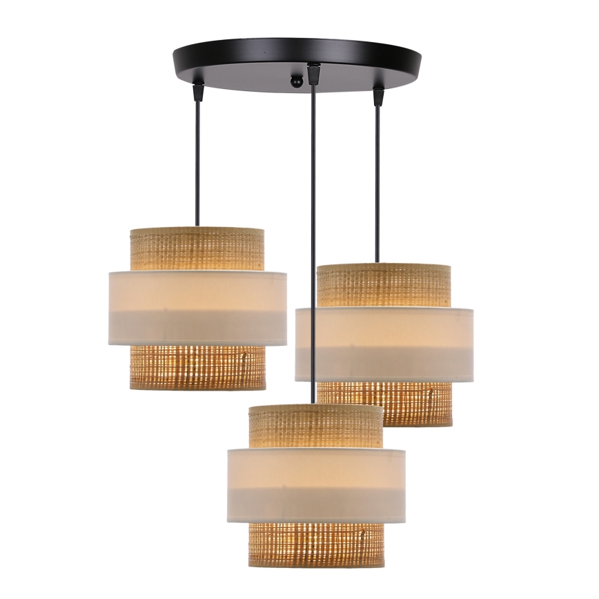 Ljuskrona med textilsladd RATTAN 3xE27/40W/230V vit/brun
