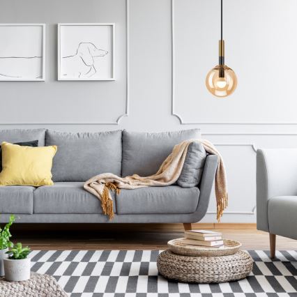 Ljuskrona med textilsladd ROLLO 1xE14/5W/230V guld/rökig beige