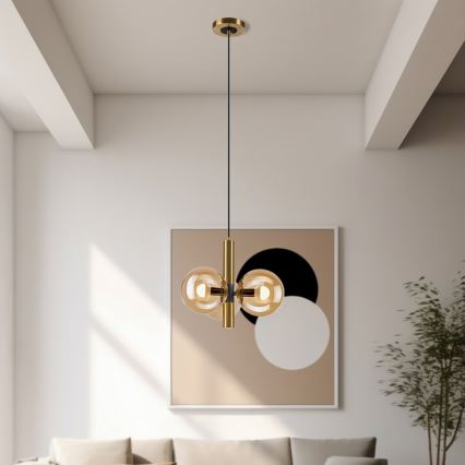Ljuskrona med textilsladd ROLLO 3xE14/5W/230V guld/rökig beige