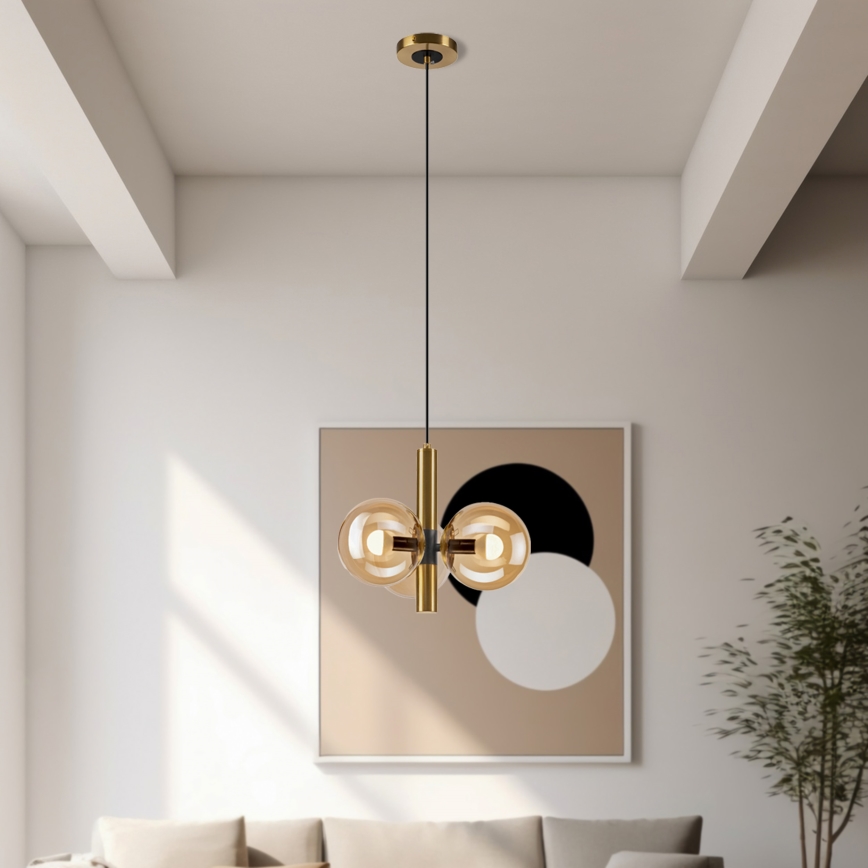 Ljuskrona med textilsladd ROLLO 3xE14/5W/230V guld/rökig beige