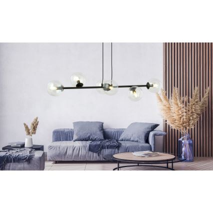 Ljuskrona med textilsladd ROSSI 6xE14/10W/230V svart/genomskinlig