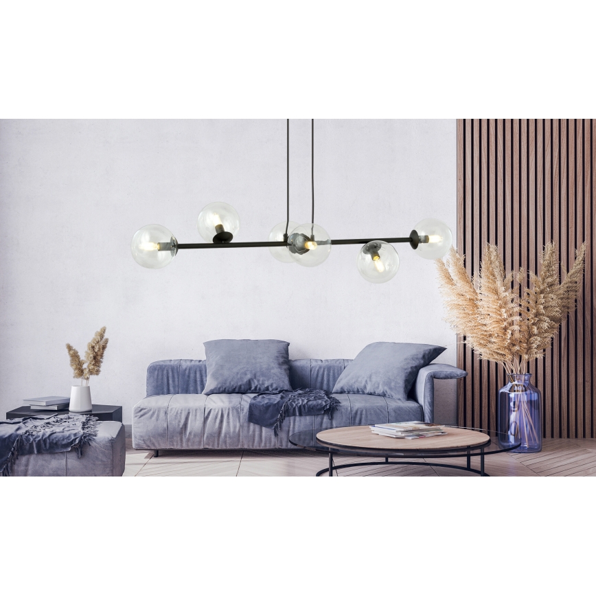 Ljuskrona med textilsladd ROSSI 6xE14/10W/230V svart/genomskinlig