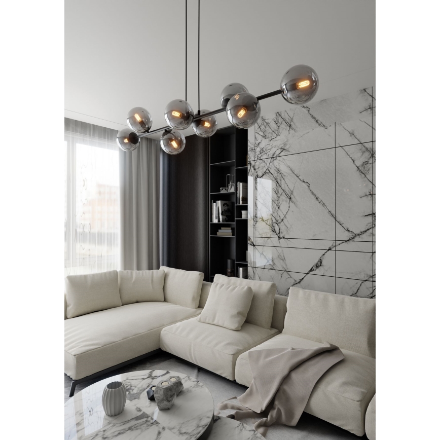 Ljuskrona med textilsladd ROSSI 8xE14/10W/230V svart/grå