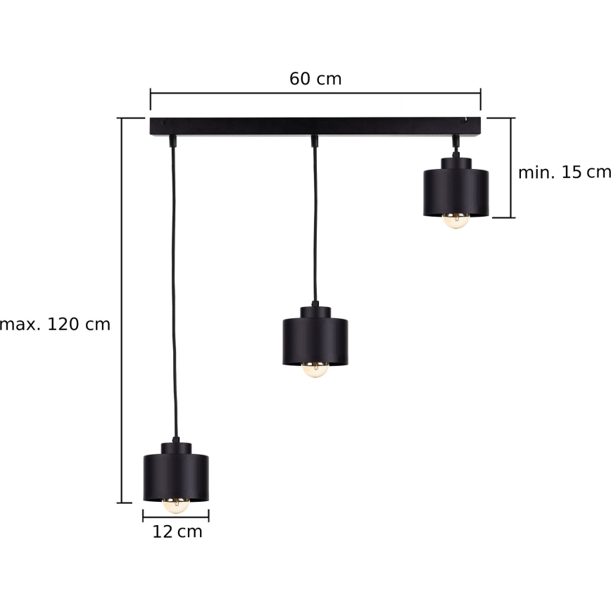 Ljuskrona med textilsladd SIMPLY BLACK 3xE27/60W/230V