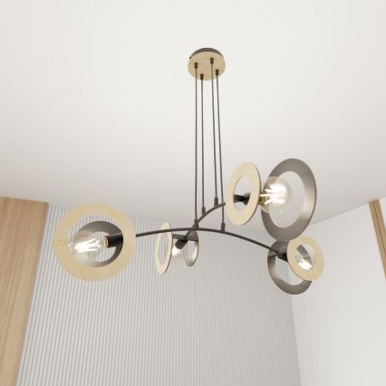Ljuskrona med textilsladd SKIVA 4xE27/15W/230V svart/beige