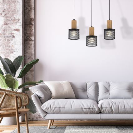 Ljuskrona med textilsladd SOBRESA 3xE27/60W/230V svart/trä