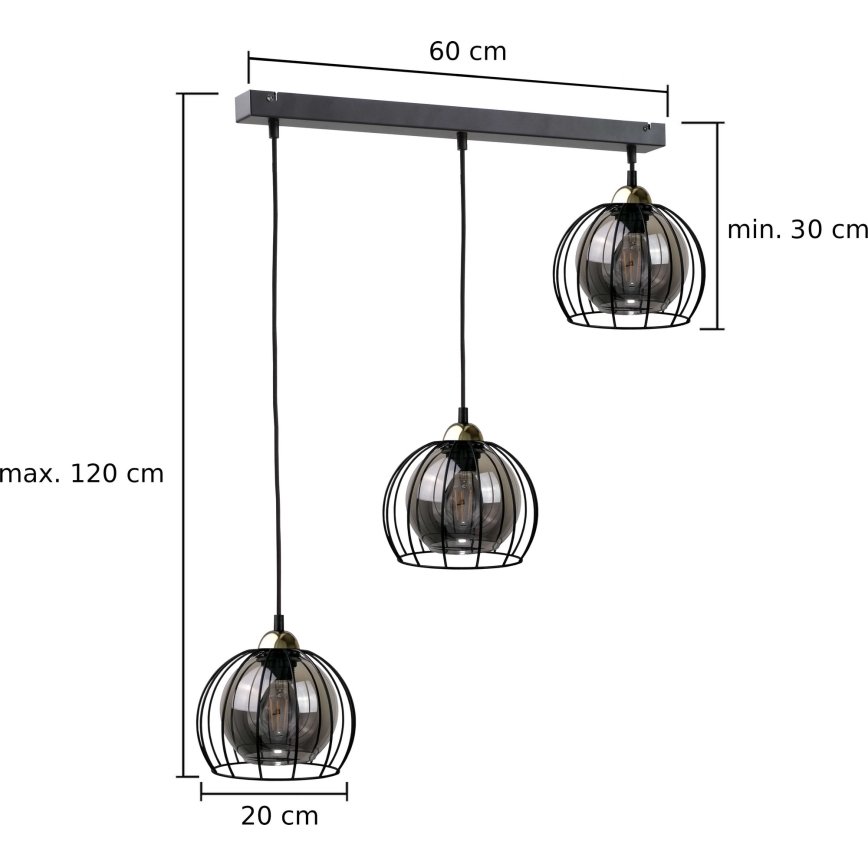 Ljuskrona med textilsladd SOLO BLACK 3xE27/60W/230V svart/gyllene