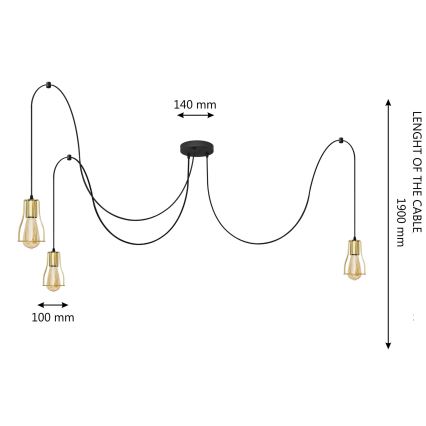 Ljuskrona med textilsladd TUBE 3xE27/10W/230V spindel svart/guld