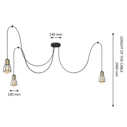 Ljuskrona med textilsladd TUBE 3xE27/10W/230V spindel svart/guld