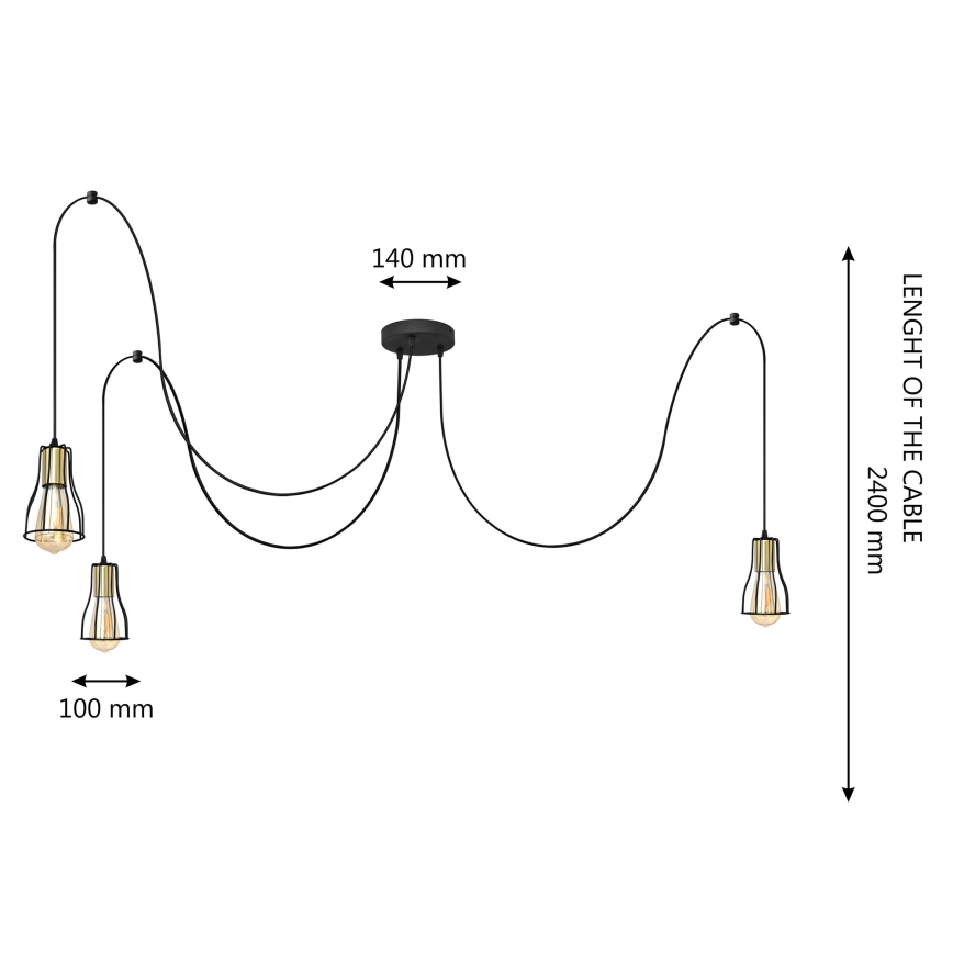 Ljuskrona med textilsladd TUBE 3xE27/10W/230V spindel svart/guld