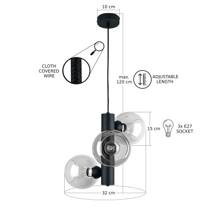 Ljuskrona med textilsladd TUBE 3xE27/60W/230V svart/genomskinlig