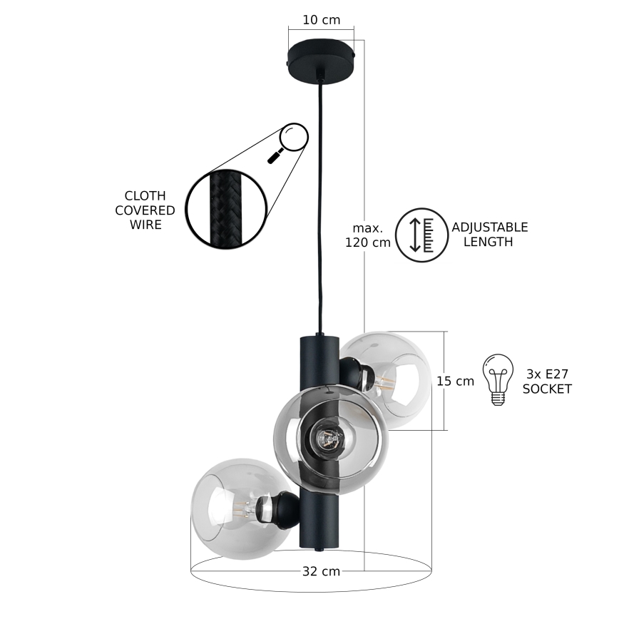 Ljuskrona med textilsladd TUBE 3xE27/60W/230V svart/genomskinlig