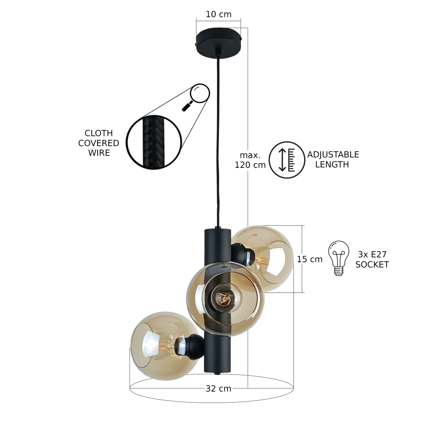Ljuskrona med textilsladd TUBE 3xE27/60W/230V svart/rökig beige