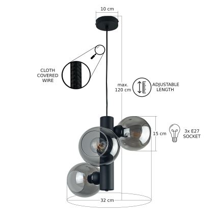 Ljuskrona med textilsladd TUBE 3xE27/60W/230V svart/rökig svart