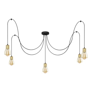 Ljuskrona med textilsladd TUBE 5xE27/15W/230V spindel svart/guld