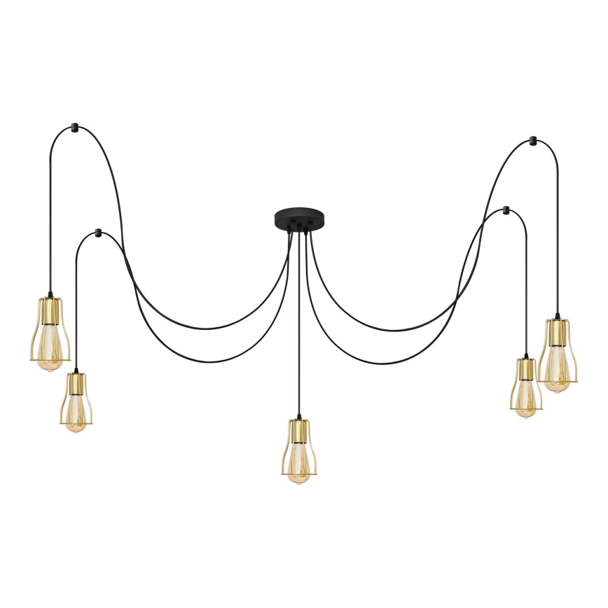 Ljuskrona med textilsladd TUBE 5xE27/15W/230V spindel svart/guld