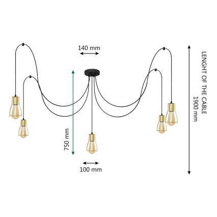 Ljuskrona med textilsladd TUBE 5xE27/15W/230V spindel svart/guld