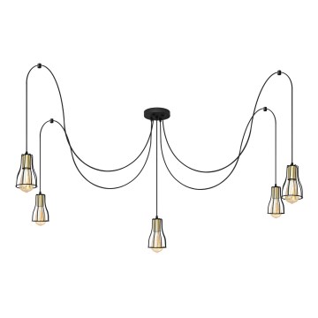 Ljuskrona med textilsladd TUBE 5xE27/15W/230V spindel svart/guld