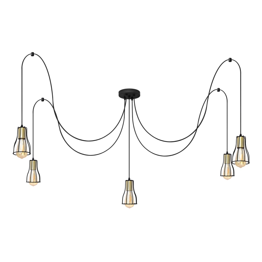 Ljuskrona med textilsladd TUBE 5xE27/15W/230V spindel svart/guld