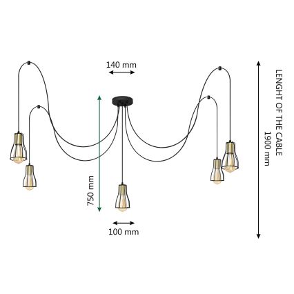 Ljuskrona med textilsladd TUBE 5xE27/15W/230V spindel svart/guld