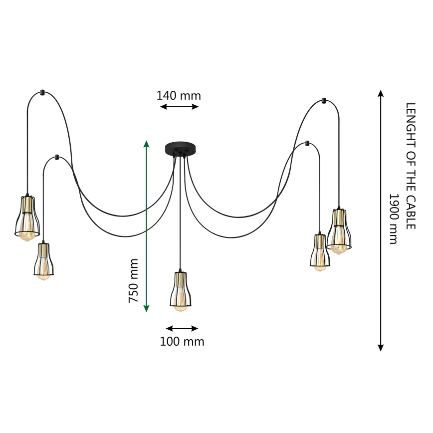 Ljuskrona med textilsladd TUBE 5xE27/15W/230V spindel svart/guld
