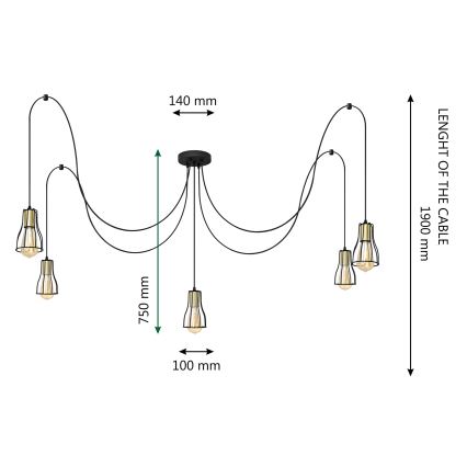 Ljuskrona med textilsladd TUBE 5xE27/15W/230V spindel svart/skinande krom