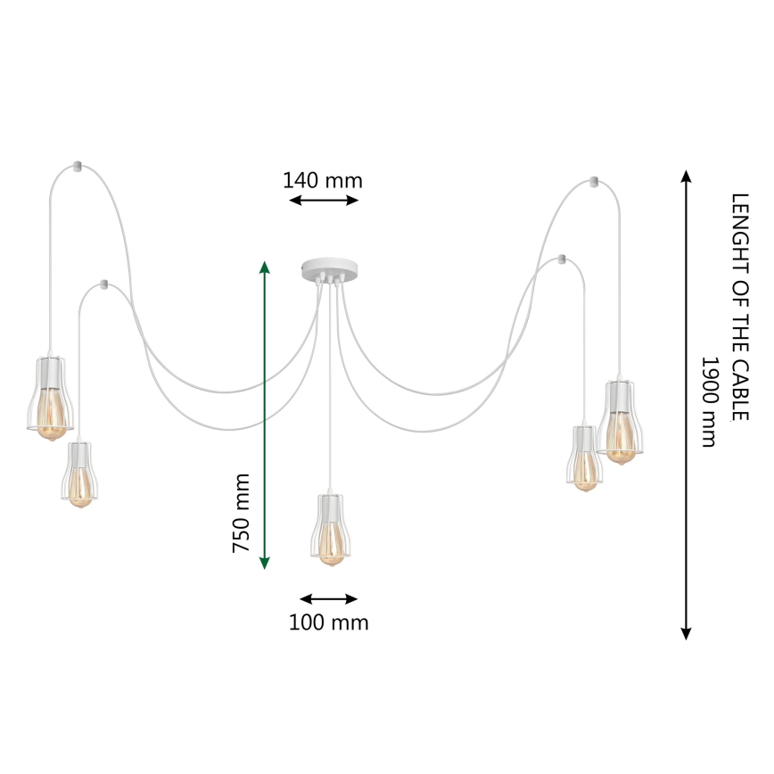 Ljuskrona med textilsladd TUBE 5xE27/15W/230V spindel vit