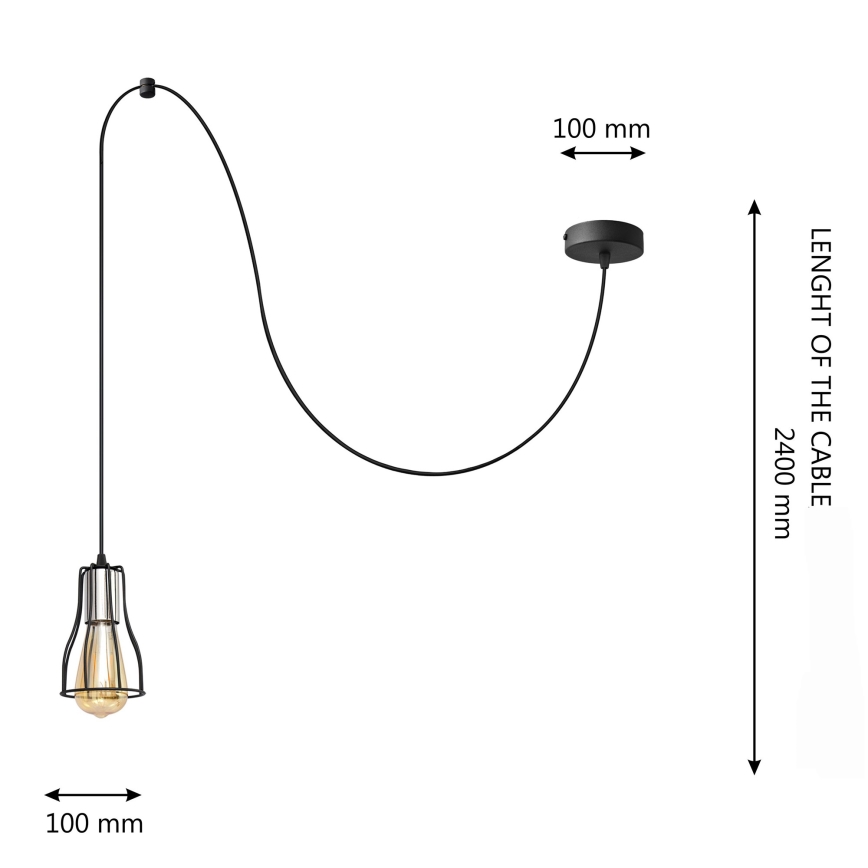 Ljuskrona med textilsladd TUBE LONG 1xE27/15W/230V svart/skinande krom