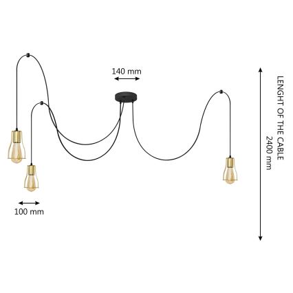 Ljuskrona med textilsladd TUBE LONG 3xE27/10W/230V svart/guld