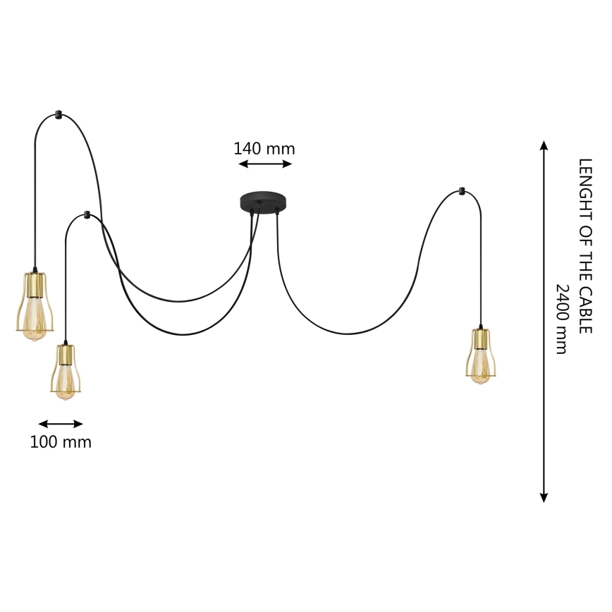 Ljuskrona med textilsladd TUBE LONG 3xE27/10W/230V svart/guld